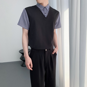 714A-D3081P45控69/2025夏季套头条纹拼接假两件衬衫餐厅咖啡店服图片