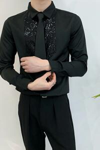 714A-D605P45控69/2025秋季新款亮片装饰衬衫修身工作服礼服衬衣图片