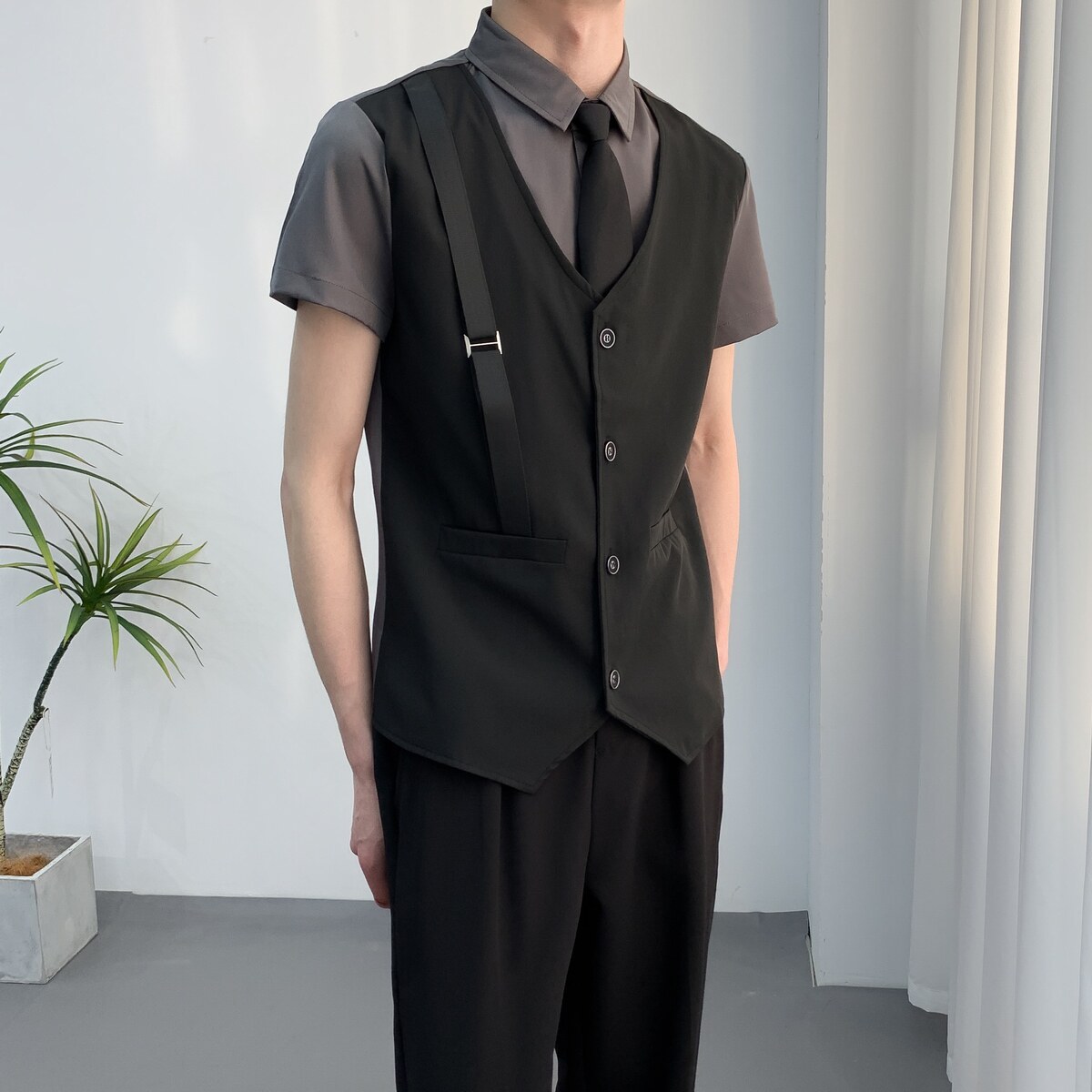 714A-H6004P55控78/2025夏季短袖衬衫假两件工作服制服衬衣潮流装图片
