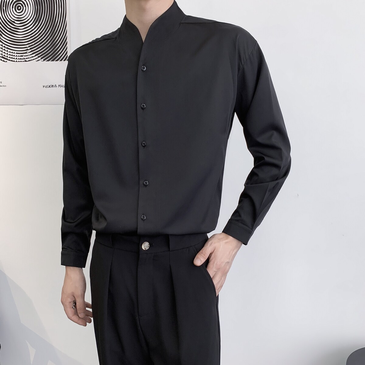 714A-D3041P45控69/2025秋季理发店工作服日系潮版制服立领风图片