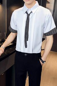 714A-D641P45/店主风2025夏季发型师工作服衬衫短袖衬衣送领带图片