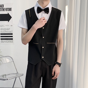 714A-H6009P55控79/2025夏季男士假两件马甲工作服衬衫短袖制服图片