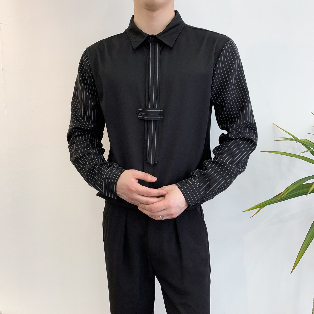 714A-D3035P45控69/2025春季新款发型师夜店领带条纹拼接衬衫制服,男装衬衫,星座714A（原电商C314）