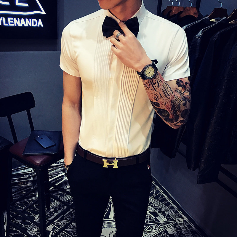 9340/店主风2025新款男装韩版修身短袖衬衫发型师ktv服装礼服P40,男装T恤,星座714(原C313)