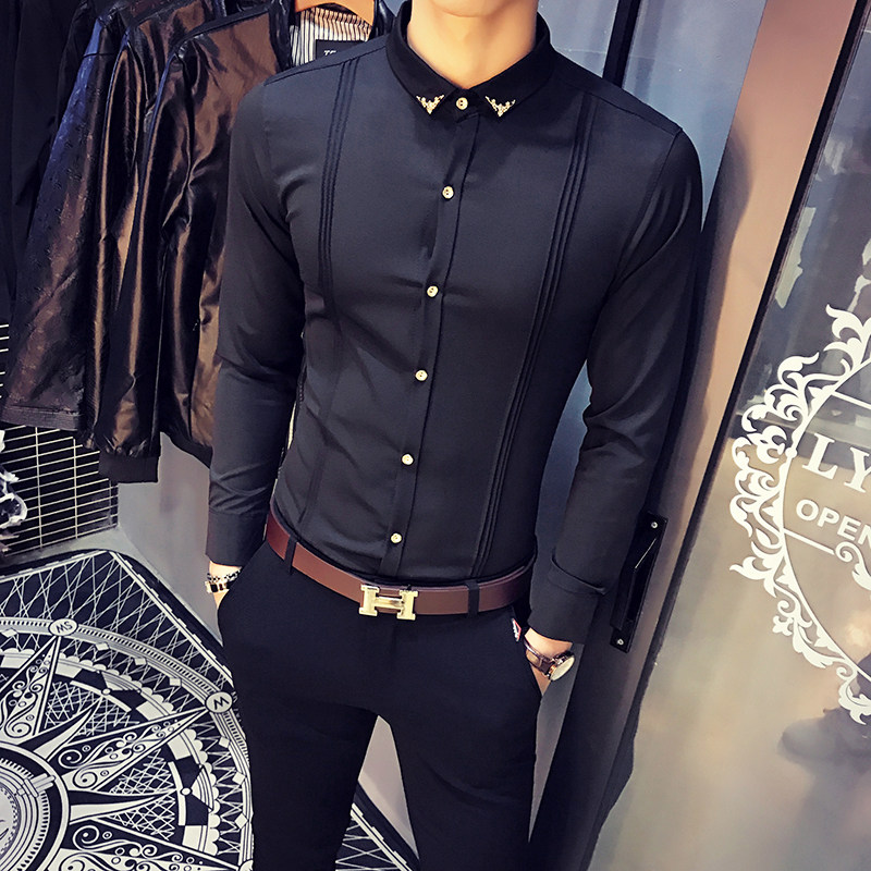 9223/店主风2025新款春季长袖衬衫男工作服金属装饰发型师衬衣P40,男装衬衫,星座714(原C313)