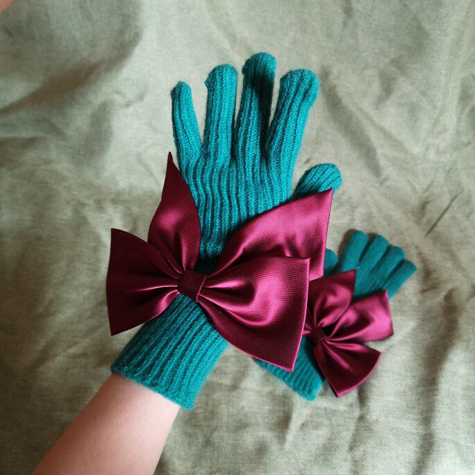 时尚休闲百搭毛线手套针织韩版大蝴蝶结糖果色长筒女士冬天保暖