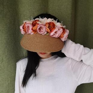 春夏重工饱满花卉高颅顶空顶帽遮阳草帽阔檐鸭舌帽花朵度假防晒女