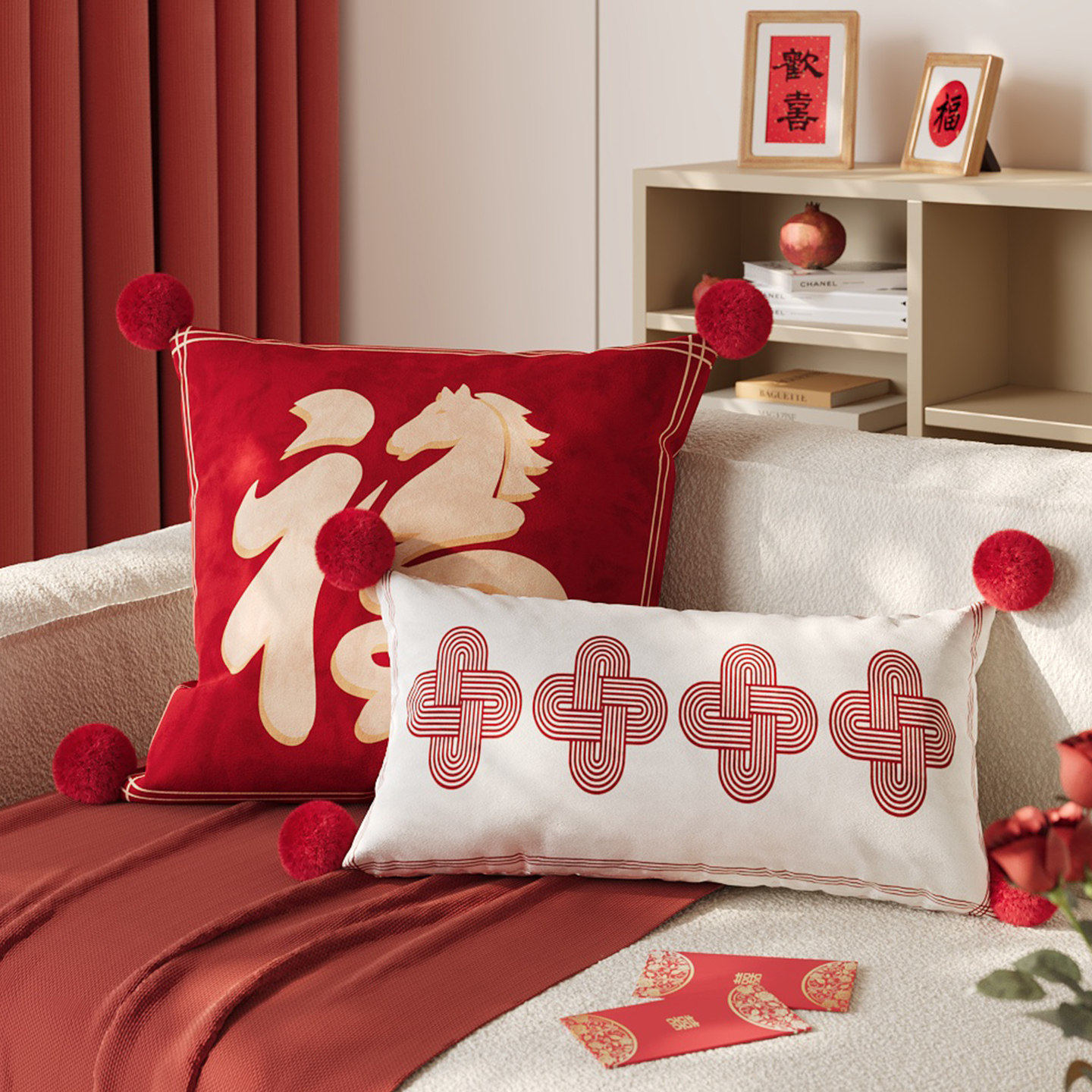 喜庆氛围感抱枕客厅沙发靠枕红色新年装饰高级感靠背卧室床头靠垫,居家布艺,靠垫/抱枕,淘宝优惠券,粉丝福利购,淘宝优惠卷
