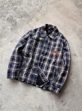 False Perception Heartless刺绣黑白格子夹棉衬衫夹克外套 黑色