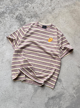 False Perception 血牙涂鸦条纹圆领短袖T恤浅棕色/白色