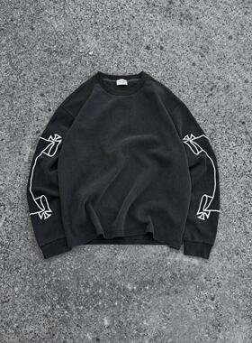 Askyurself 水洗华夫格卷轴刺绣长袖T恤水洗黑