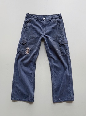 False Perception 抹脏泼墨法兰绒格子补丁水洗工装裤