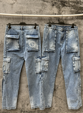 False Perception水洗排扣牛仔六袋工装裤复古做旧刺绣荆棘标志