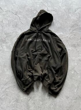 ARNODEFRANCE钢珠铆钉朋克做旧拉链长袖卫衣宽松版型水洗黑