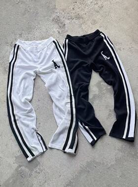 Askyurself 针织刺绣A条纹侧拉链休闲裤 黑色/白色