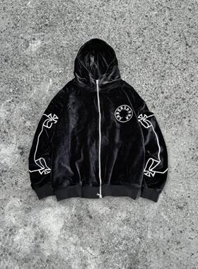 Askyurself 梵文Logo刺绣丝绒拉链卫衣黑色