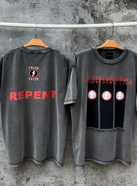 False Perception 多闪电印花水洗做旧短袖T恤水洗灰