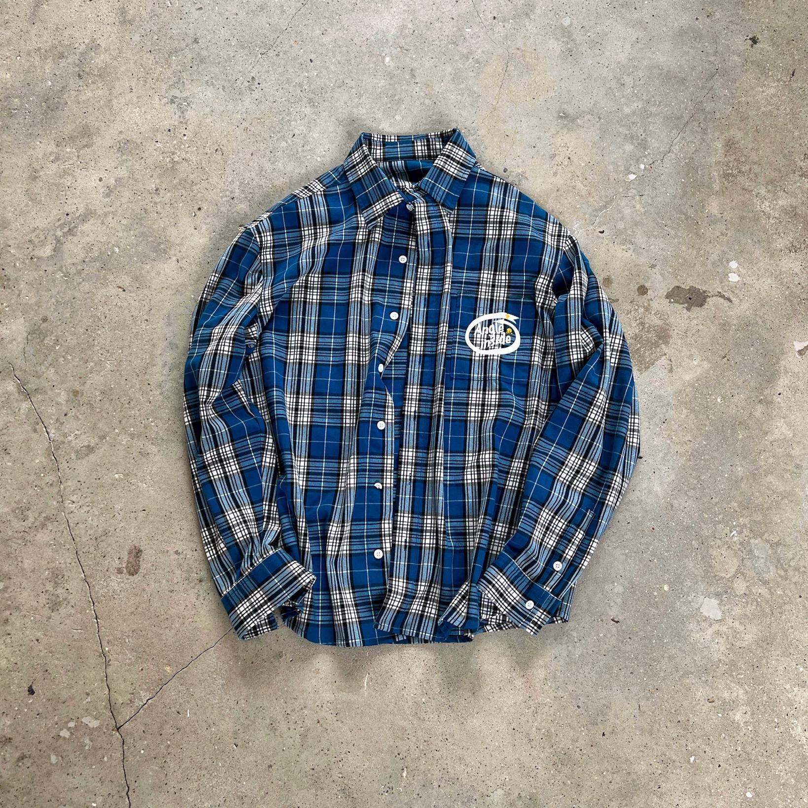 天使英特尔水洗蓝色格子纽扣衬衫