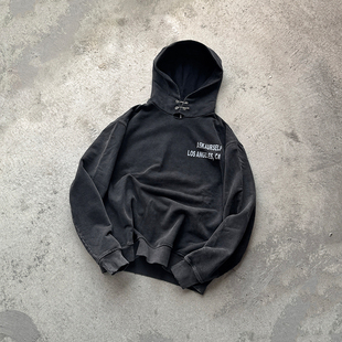 Askyurself  罗威犬印花水洗做旧 领口破坏 双别针连帽卫衣 黑色