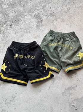 Askyurself 水洗军布全明星腰果花刺绣logo按钉宽松短裤 军绿色