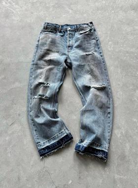 False Perception Sewage Sludge破坏风破洞拉链直筒牛仔裤水洗蓝