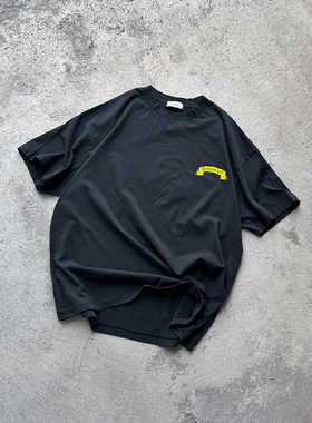 Askyurself 多巴胺荧黄色卷轴水洗做旧短袖T恤 水洗黑