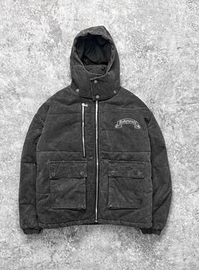 Askyurself 可拆卸帽子军布刺绣拉链口袋棉服黑色