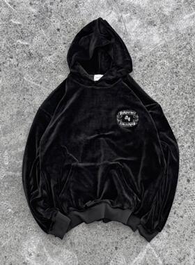 Askyurself 双卷轴Logo刺绣丝绒连帽卫衣黑色