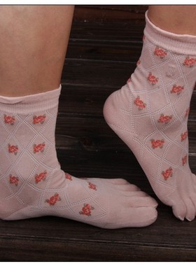 法国LANVI+高端纯棉绢丝中筒女士透气五指袜分趾袜田园碎花彩条