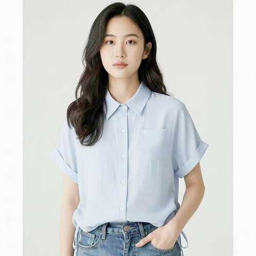 蓝色翻领短袖收腰设计感衬衫女
