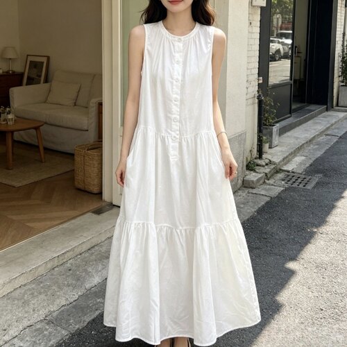 韩版高级感白色无袖连衣裙