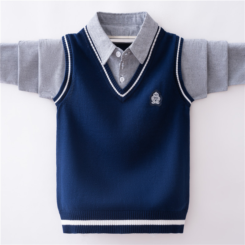 男童毛衣假两件儿童衬衫领打底衫