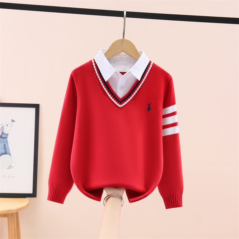 男童毛衣假两件红色纯棉打底衫