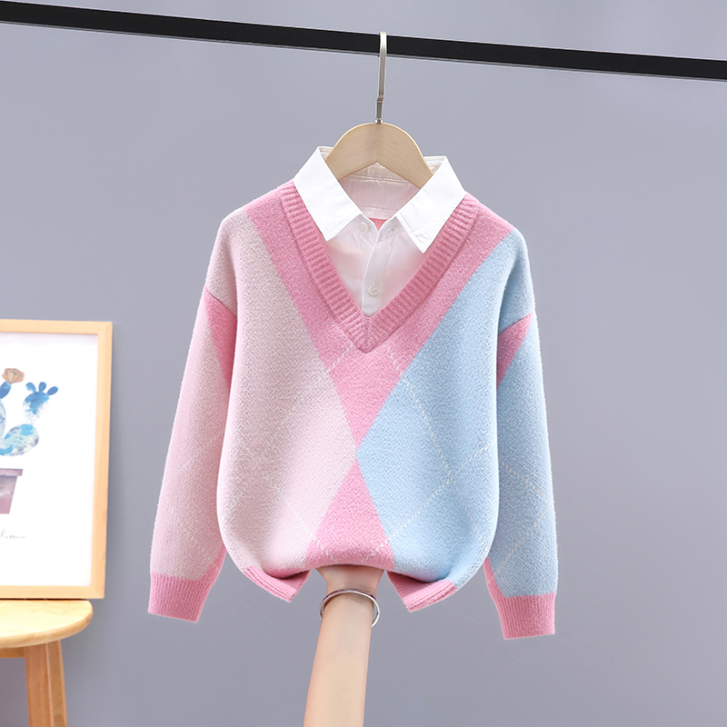 秋冬新款女童加绒加厚假两件毛衣