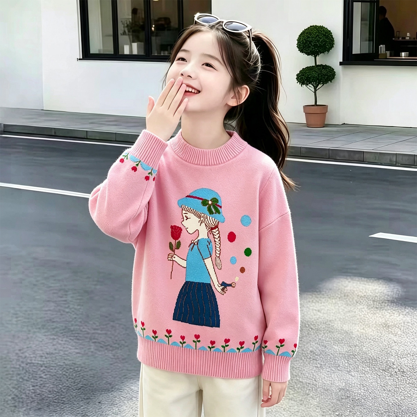 女童毛衣秋冬款儿童纯棉针织衫中大童洋气女孩加绒加厚圆领打底衫