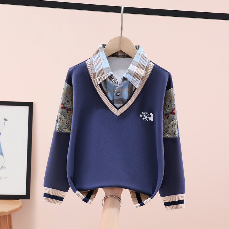 秋冬新款男童假两件卫衣打底衫