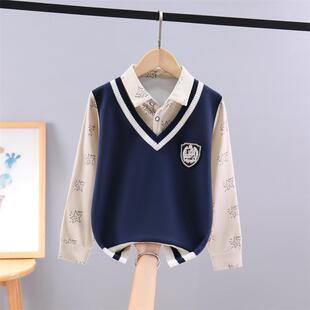 男童假两件毛衣2025春秋薄款针织衫中大童洋气男孩衬衫领打底衫