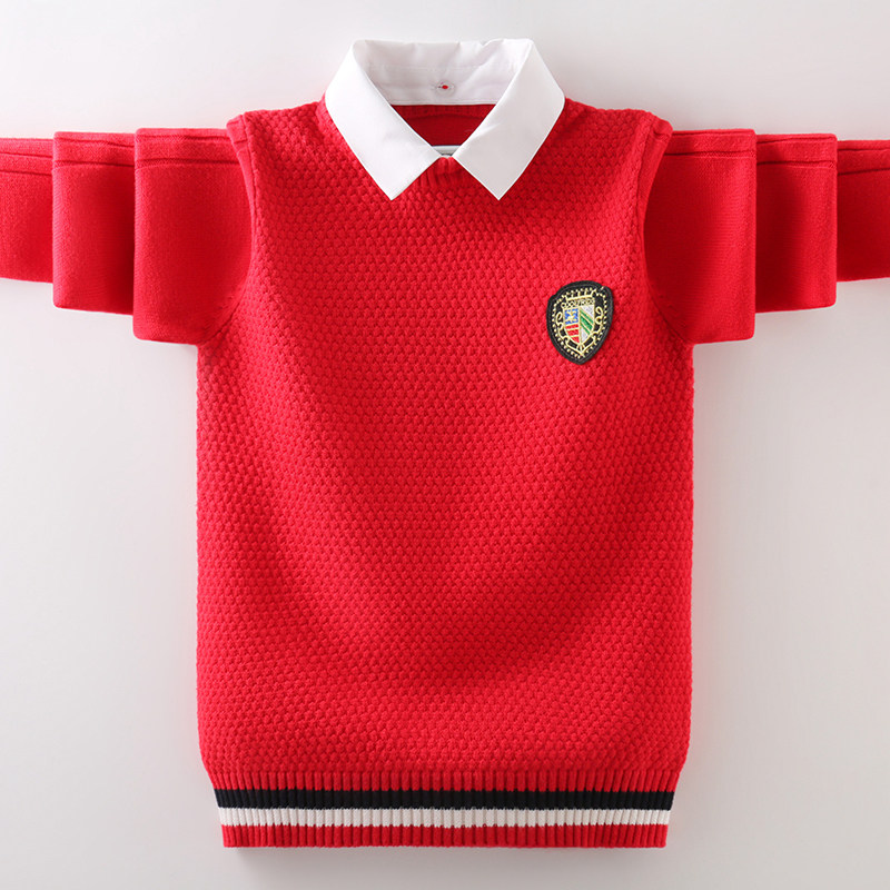 男童毛衣假两件秋冬款加绒加厚针织衫中大童儿童衬衫领红色打底衫,童装/婴儿装/亲子装,毛衣/针织衫,淘宝优惠券,粉丝福利购,淘宝优惠卷