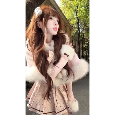 【波点软糖】冬日甜美少女穿搭粉系波点百褶连衣裙+斗篷+内搭套装