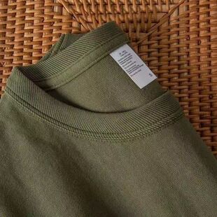 250g重磅纯棉军绿色短袖t恤男 二本针工艺潮流落肩款宽松上衣女夏