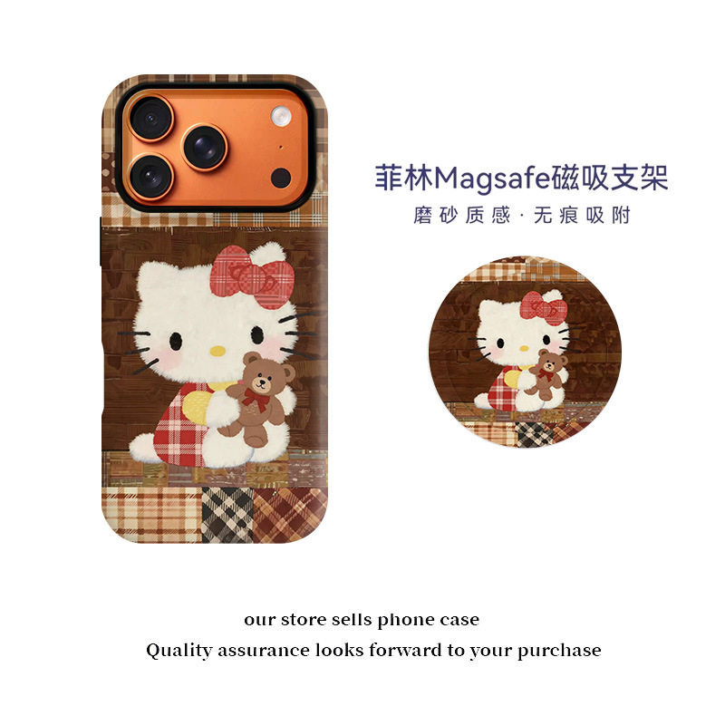 格衫抱熊KT磁吸菲林二合一适用苹果支架17promax/16/15手机壳手机套17/16新款保护套14ins可爱秋冬格纹kitty