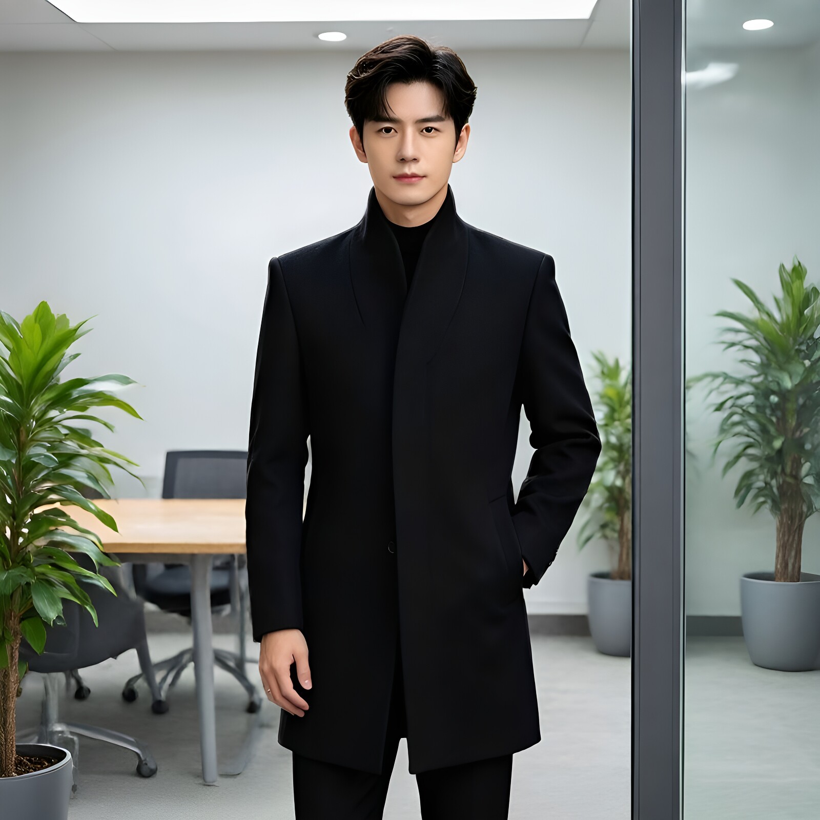 商务男士秋冬季毛呢外套新款时尚修身羊毛大衣中长款暗门襟立领款