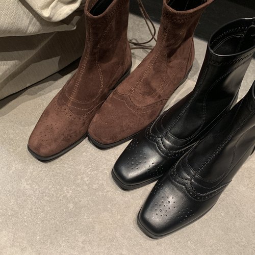 法式复古雕花平底短筒靴女