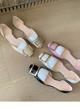 2026夏季新品大象灰漆皮rv方扣中空单鞋女平底浅口方头凉鞋女低跟