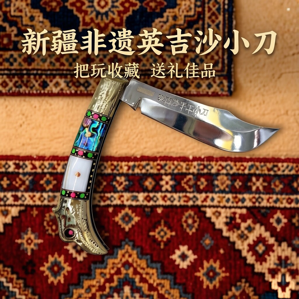 新疆发货英吉沙纯手工折叠刀子雕花镶嵌收藏