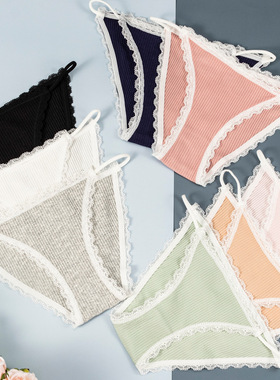 跨境纯棉螺纹性感女士内裤蕾丝细带多色无痕棉档三角裤加大码