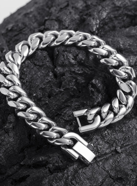 潮酷然 不锈钢古巴链手链 男士霸气钛钢粗款手链嘻哈珠宝扣首饰
