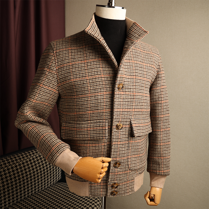 冬季A1复古飞行员夹克羊毛男加厚修身短款立领千鸟格粗花呢外套