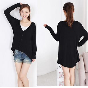 韩版 女薄款 百搭修身 V领前短后长针织开衫 外套 中长款 2016春秋新款
