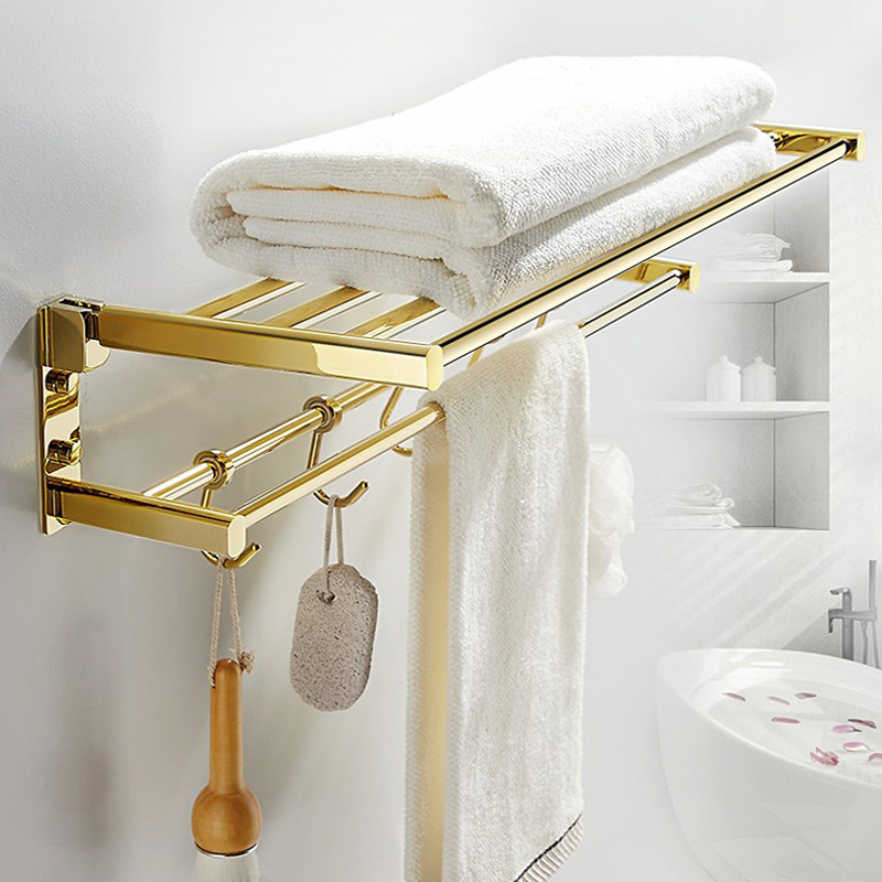 免打孔卫浴全铜金色活动折叠浴巾架双层欧式卫生间浴室毛巾架毛巾